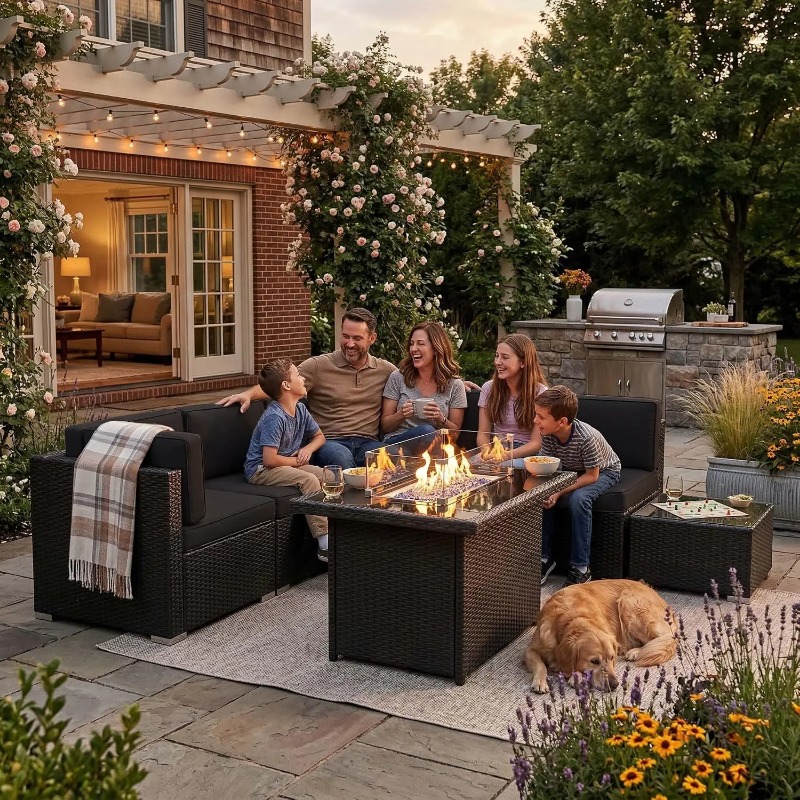 Outdoor Furniture With Fire Pit Table - 8 Parçalı Veranda Hasır Köşe Koltuk