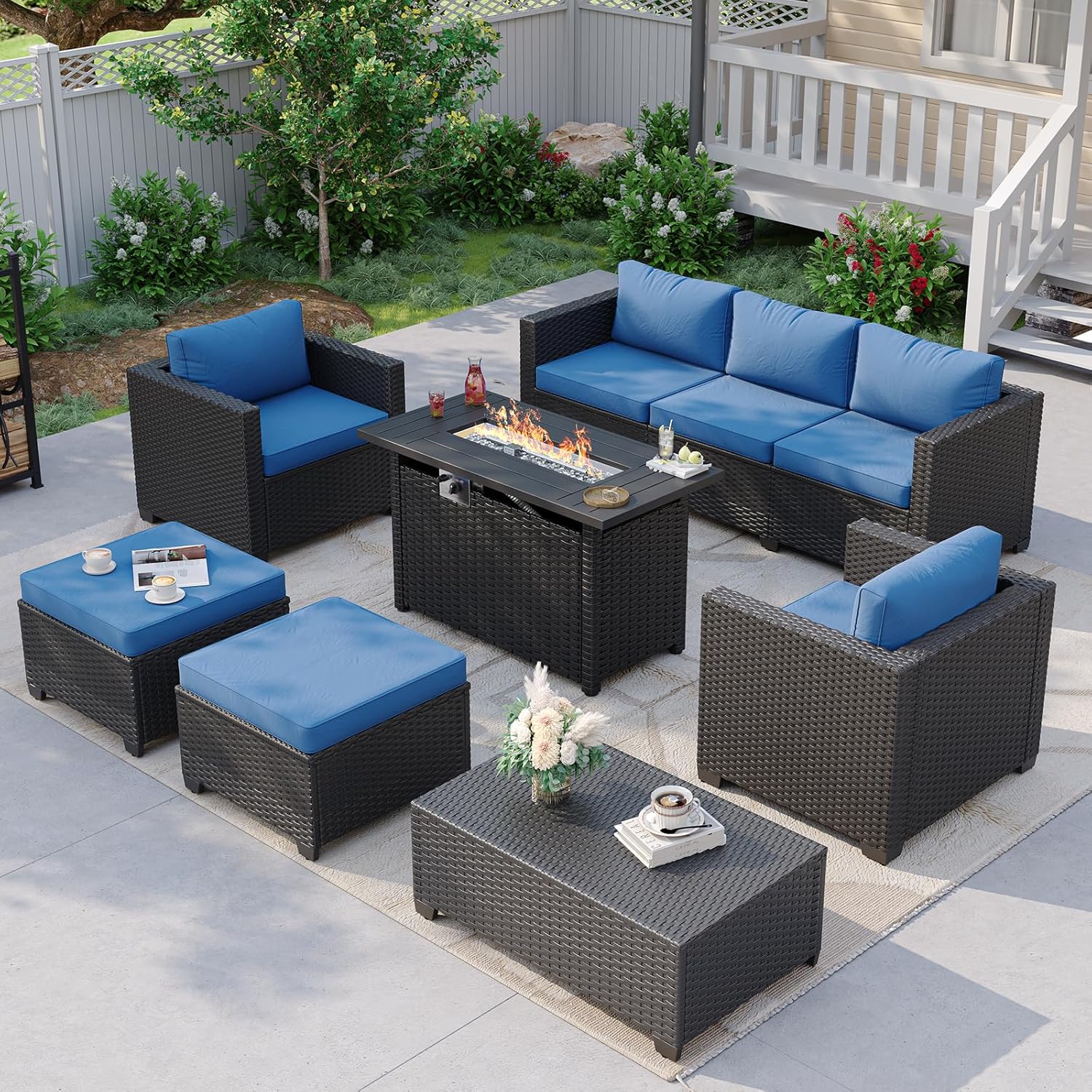 Outdoor Furniture With Fire Pit Table - Lacivert Dış Mekan Köşe Koltuk Takımı,