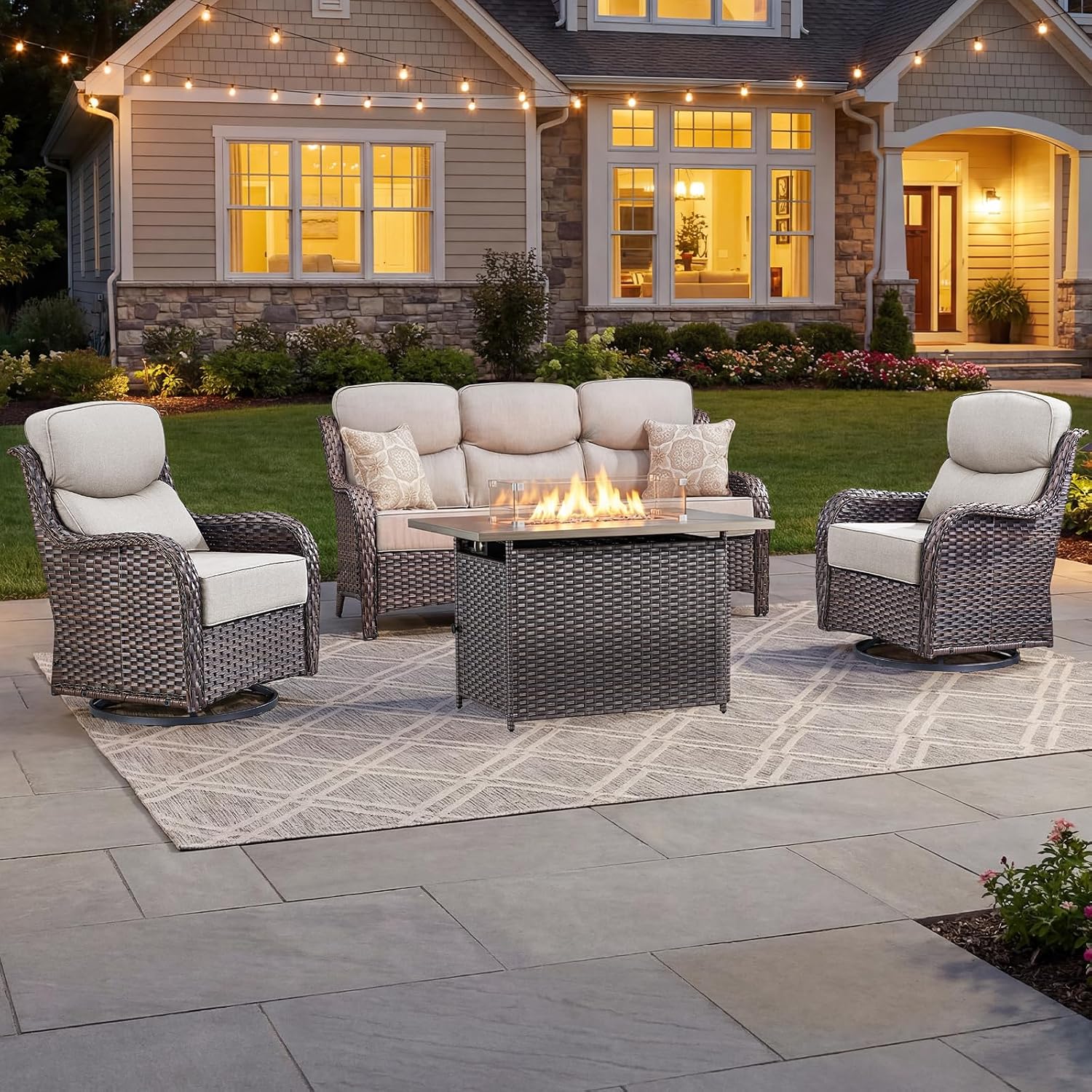 Outdoor Furniture With Fire Pit Table - 6 inç Kalınlığında Minderli Lüks Veranda