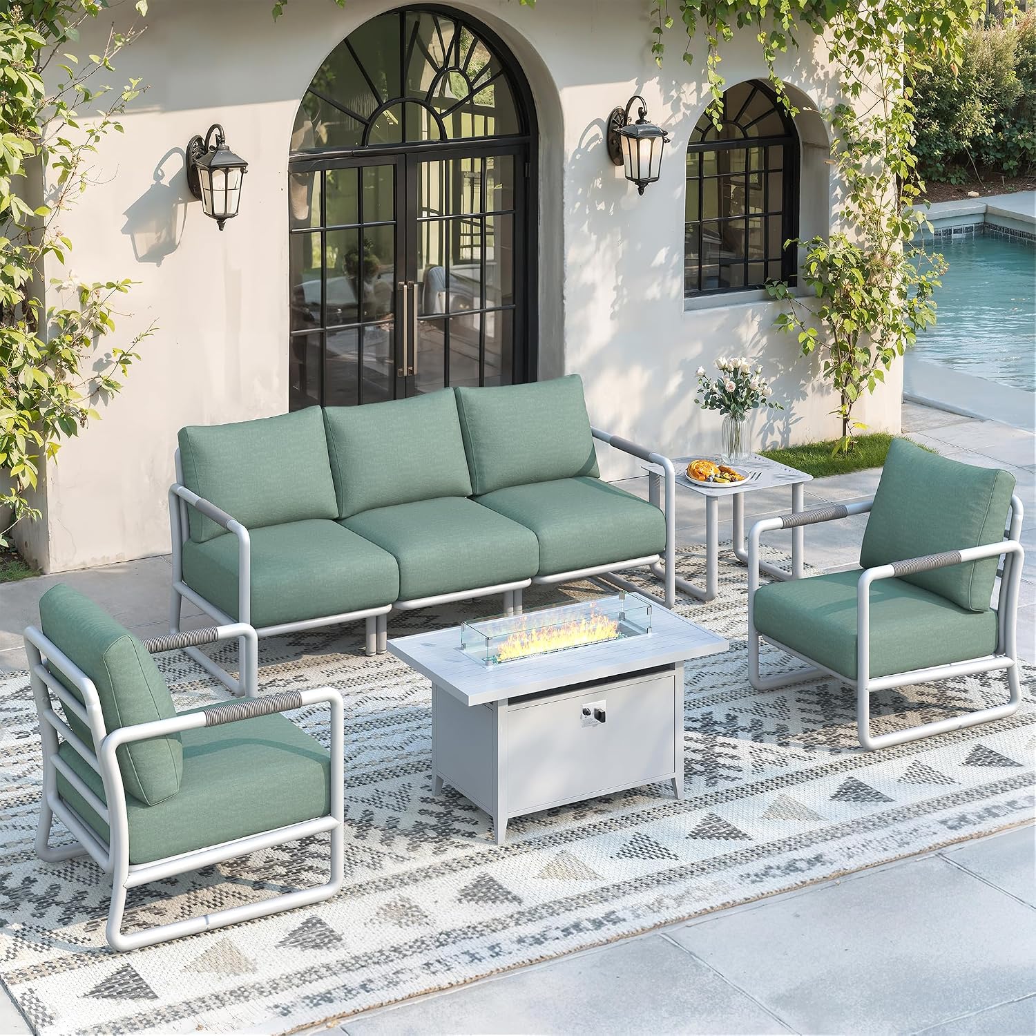 Outdoor Furniture With Fire Pit Table - 7 Parçalı Açık Hava Alüminyum Bahçe