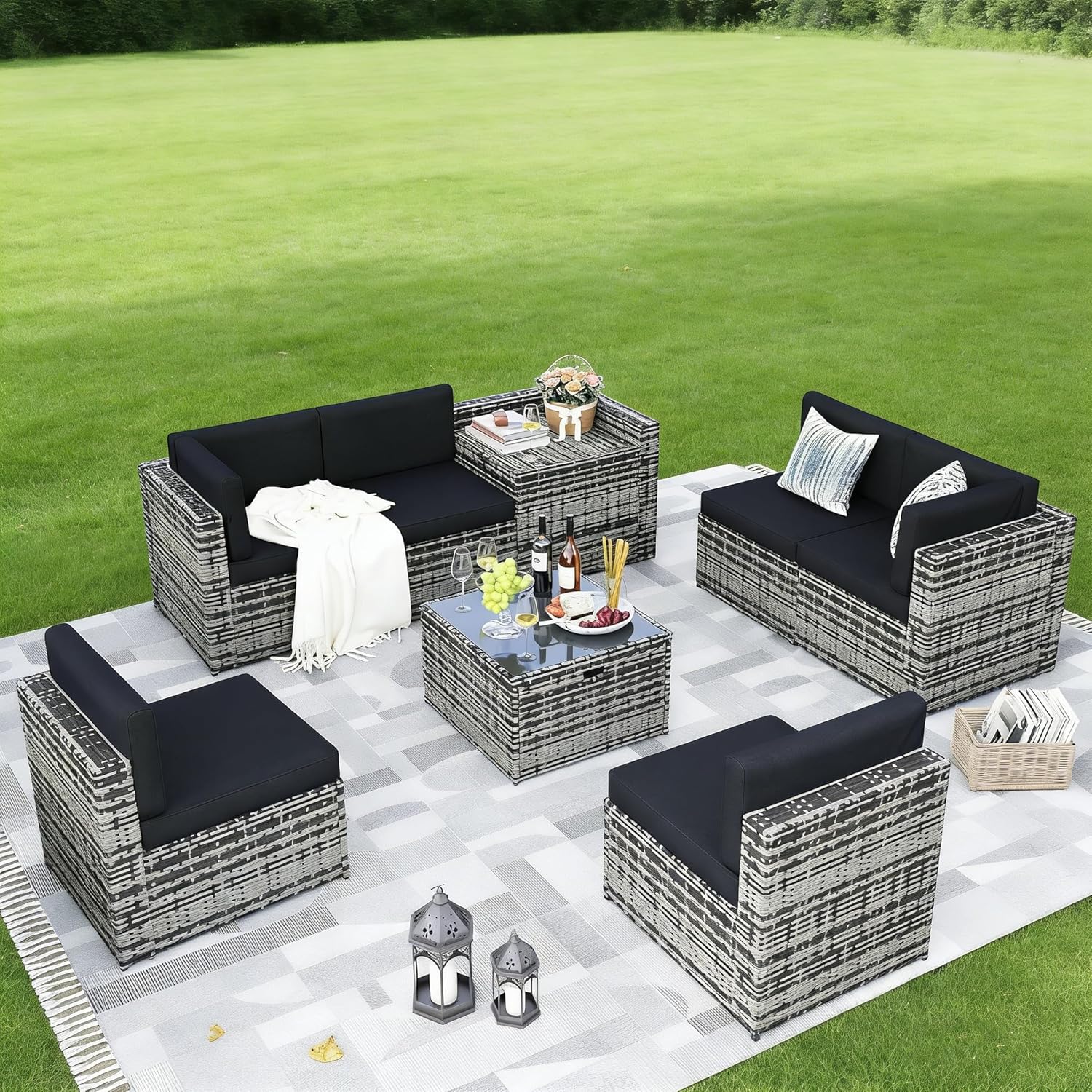Outdoor Furniture Grey - 8 Parçalı Hasır Rattan Veranda Mobilya