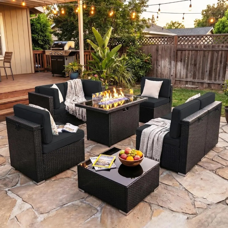 8 Parçalı Veranda Hasır Köşe K - Outdoor Furniture With Fire Pit Table incelemesi ve fiyatı